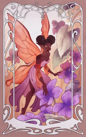 An orange/purple fairy surrounded with purple flowers.