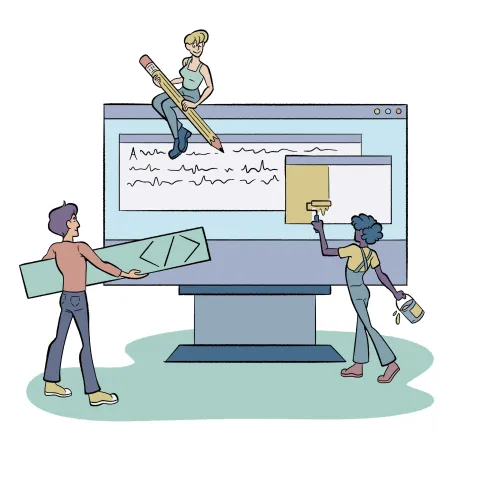 An illustration of small people literally building a website on a computer monitor.