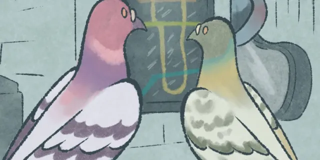 An illustration of human sized pigeons in the Toronto Subway. Pink and green pigeons stand out in the foreground looking at the TTC map.